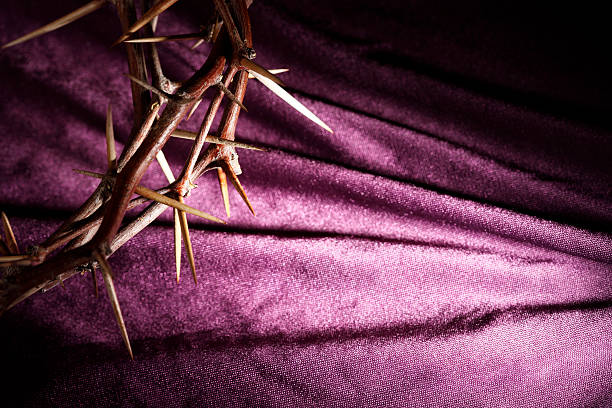 couronne d'épines sur fond violet tissu - good friday photos et images de collection