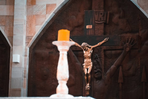 Crucifix in the background in a church stock photo