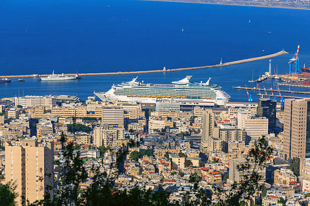 Cruise boat waiting in Haifa dock stock photo