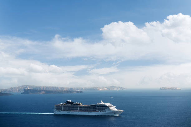 Cruise ship in Santorini island stock photo