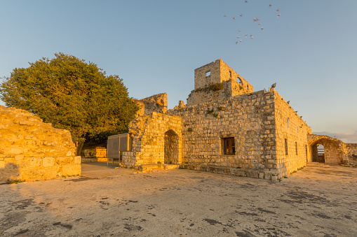 Sunset view of the Crusader and Later Ottoman fortress of Yehiam, now a National Park in the Western Galilee, Northern Israel