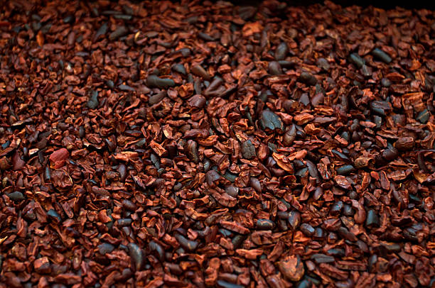 Crushed, roasted cocoa beans with husk removed stock photo