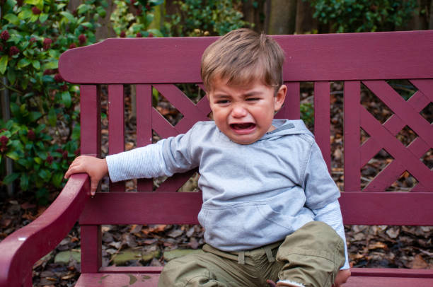 bambino che piange in panchina - capraccio foto e immagini stock
