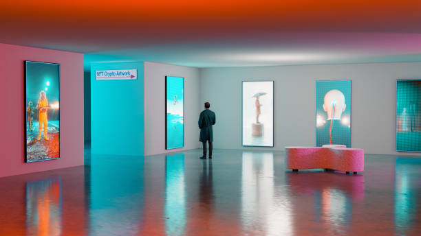NFT crypto artwork displayed in an art museum  on tv screens stock photo