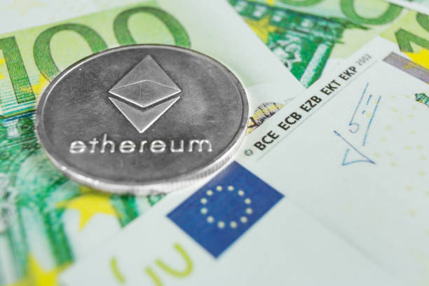 Crypto currency concept - A Ethereum with euro bills Macro photo of crypto currency concept - A Ethereum with euro bills  With Ethereum  stock pictures, royalty-free photos & images