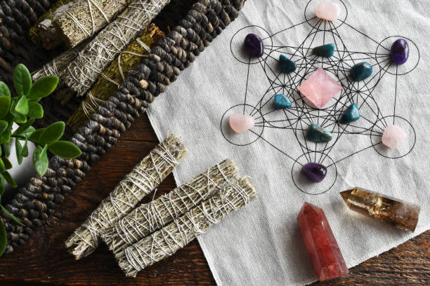 Crystal Healing Grid and White Sage stock photo