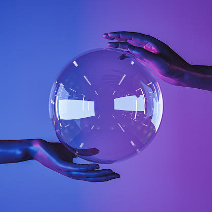 transparent glass sphere with reflections and dark hands covering it for product display. neon illumination. minimal art concept. 3d render