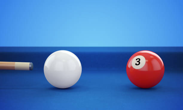 Cue hitting pool ball Cue hitting red ball number 3 on defocused blue billiard ball background. 3D illustration cue ball stock pictures, royalty-free photos & images