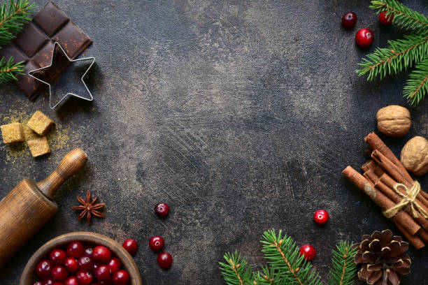 kulinarisk bakgrund med jul vinter kryddor och ingredienser för bakning - christmas baking bildbanksfoton och bilder