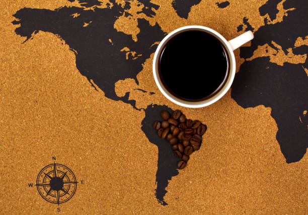 cup of coffee on a map with brazil made of coffee beans. - cafe brasil imagens e fotografias de stock