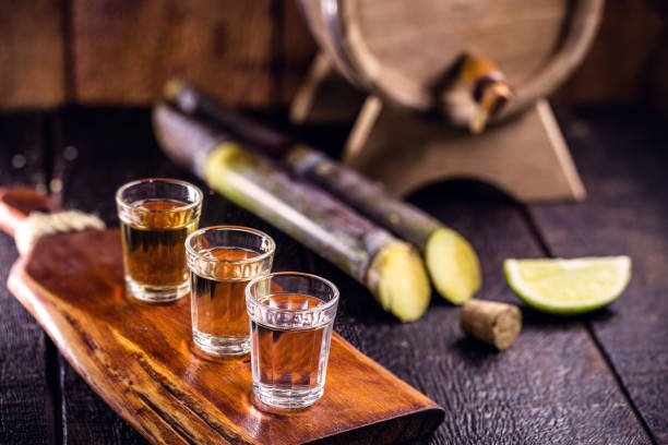 cups of cachaça, a Brazilian drink made from sugar cane, a Brazilian run popularly called "pinga", copy space stock photo