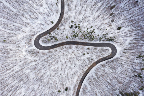 curvy country road in winter forest from drone point of view stock photo