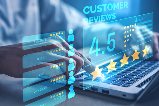 Customer review satisfaction feedback survey concept. User give rating to service experience on online application. Customer can evaluate quality of service leading to reputation ranking of business.