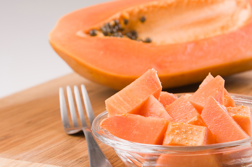cut papaya on a wooden board with a silver fork picture id173852462?b=1&k=20&m=173852462&s=170667a&w=0&h=ZFf87YX06RTjTl76nH