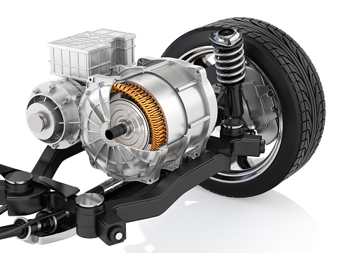 Cutaway view of Electric Vehicle Motor with suspension on white background. 3D rendering image.