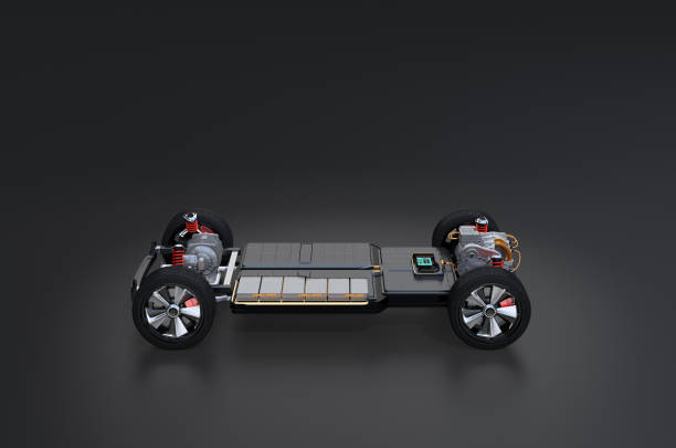 Cutaway view of SUV chassis equiped with battery pack stock photo