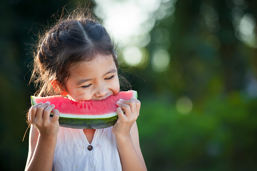 Cute asian little child girl eating watermelon fresh fruit in the garden