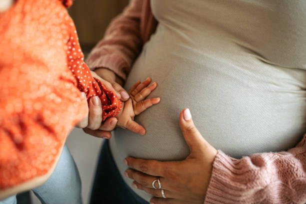 Cute Baby Girl Touching Pregnant Belly of her Mother. stock photo