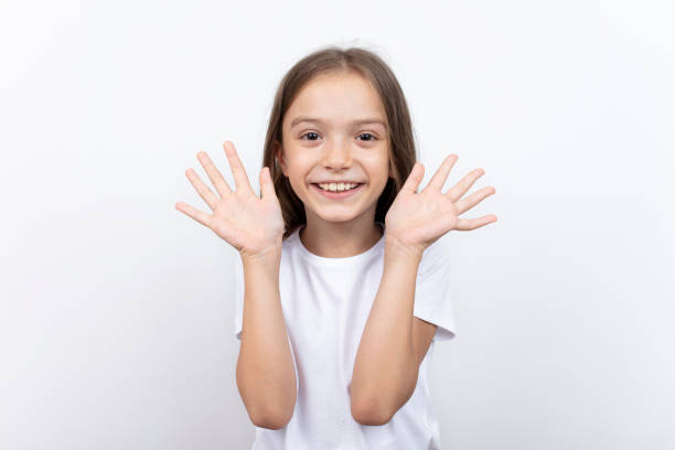 cute, beautiful, cheerful, positive kid, Hello, I'm here. on isolated background. stock photo