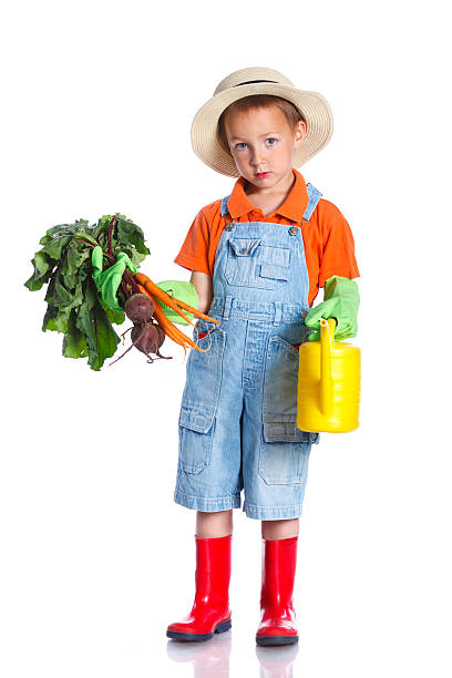 Cute boy gardener stock photo