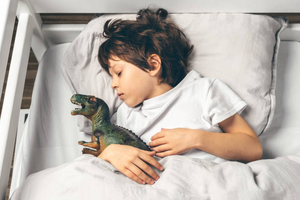 Cute boy is sleeping in bed with a toy dinosaur stock photo