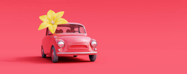 Cute car carry yellow flower on red background with copy space 3d render stock photo