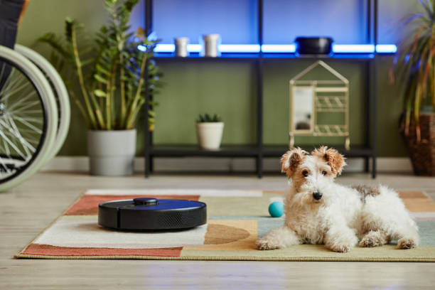 Cute Dog with Robot Vacuum Cleaner stock photo