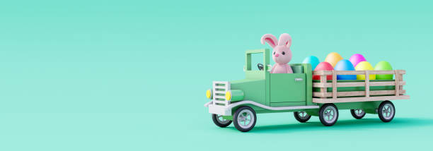 Cute Easter bunny drive car and carry colorful painted eggs. Easter holiday concept on green background 3d render stock photo