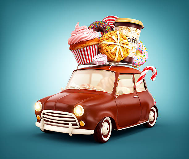Cute fantastic chocolade car with sweets and coffee on top. stock photo