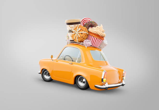 Cute fantastic retro car with sweets and coffee on top. stock photo