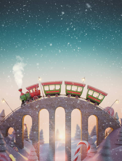 Cute funny fairy Santa's Christmas train goes by a brige in north pole at sunset. stock photo