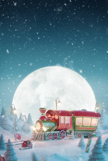 Cute funny fairy Santa's Christmas train in a magical forest stock photo