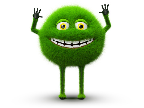 Green happy furry monster with joyful face and laughing mouth, isolated on white background, 3D rendering