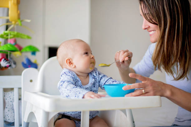 Cute little baby boy, eating mashed vegetables for lunch, mom feeding him stock photo