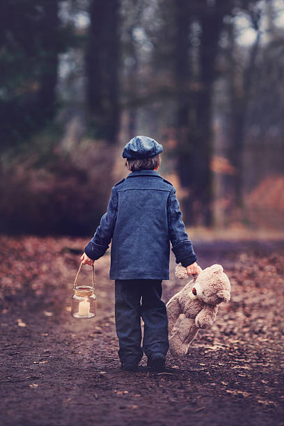 ładna małe dziecko, trzymając lampion i miś w lesie - teddy ray zdjęcia i obrazy z banku zdjęć