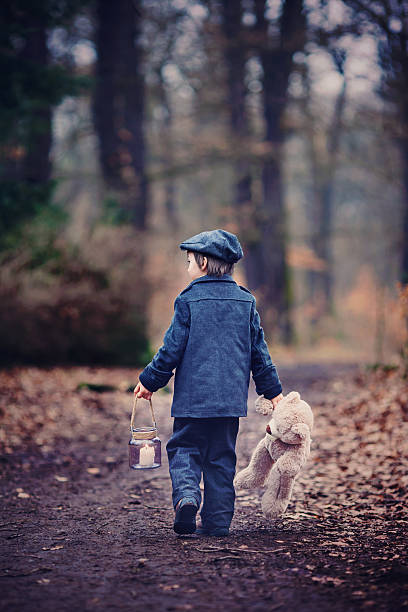 Cute little child, holding lantern and teddy bear in forest Cute little child, preschool boy, holding lantern and teddy bear, walking in a dark forest teddy ray stock pictures, royalty-free photos & images