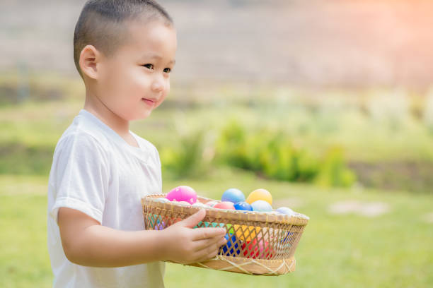 Cute little child on Easter day. stock photo