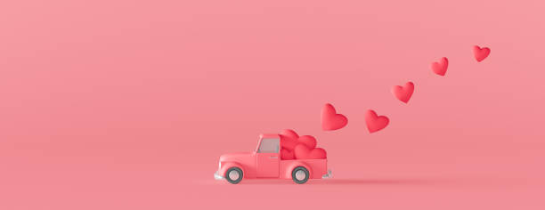 Cute pink car with red hearts. Valentine's day concept on pink background 3d render stock photo