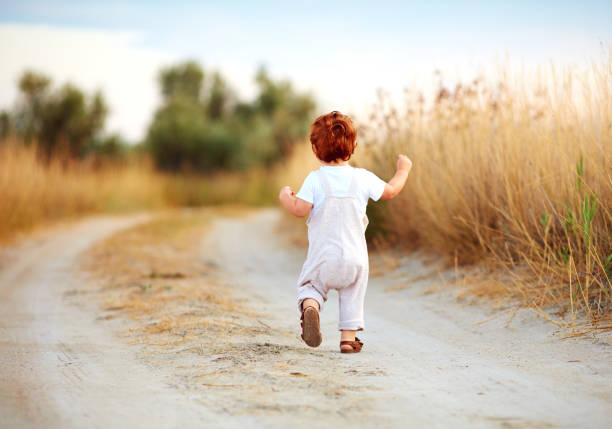 cute toddler baby boy running away along the path at summer field stock photo