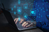 istock Cyber security IT engineer working on protecting network against cyberattack from hackers on internet. Secure access for online privacy and personal data protection. Hands typing on keyboard and PCB 1322517295