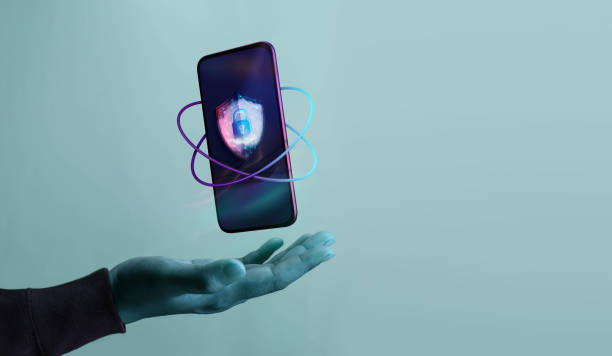 Cyber Security Technology Concept. Securing Cloud Online Web Systems. Hand Levitating Smart Phone with Padlock, Fingerprint and Protect Guard Shield. Web3 and Privacy"r stock photo