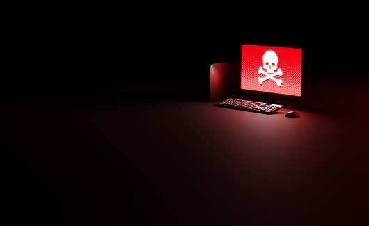Cybercrime, piracy and data theft. Network security breach. Compromised computer showing skull and bones symbol. Digital 3D rendering concept.