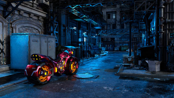 Cyberpunk concept 3D rendering of a futuristic motorcycle in a dark seedy urban street scene. stock photo