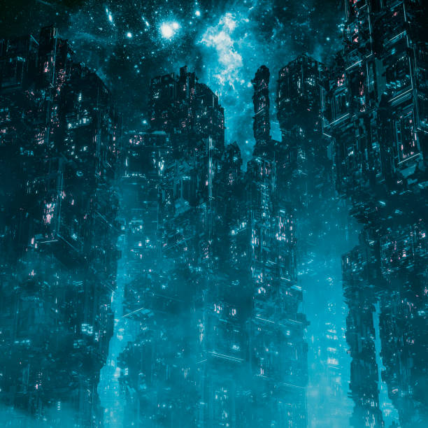 Cyberpunk metropolis night 3D illustration of dark futuristic science fiction city under night sky cyberpunk stock pictures, royalty-free photos & images
