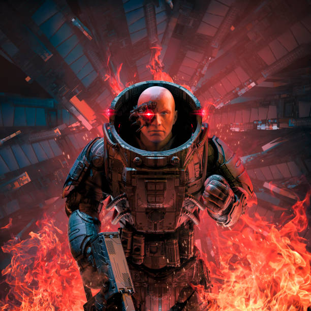 Cyberpunk soldier inferno stock photo