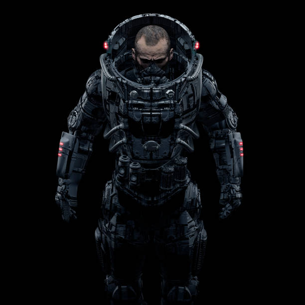 Cyberpunk soldier portrait 3D illustration of male science fiction heavily armoured military astronaut isolated on black background armored clothing stock pictures, royalty-free photos & images