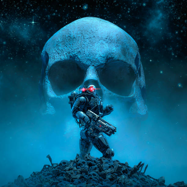 Cyberpunk soldier skull moon stock photo