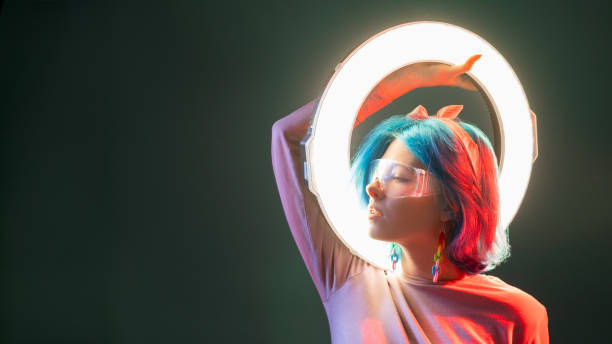 cyberpunk woman synth wave style neon light led stock photo