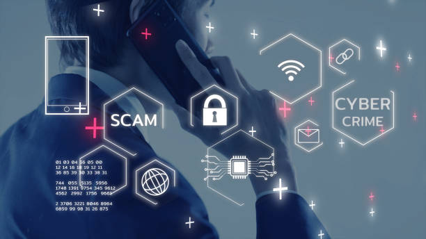 Cybersecurity cybercrime internet scam, businessman mobile phone digital network technology computer virus attack risk protection, identity privacy data hacking, AI artificial intelligence firewall stock photo