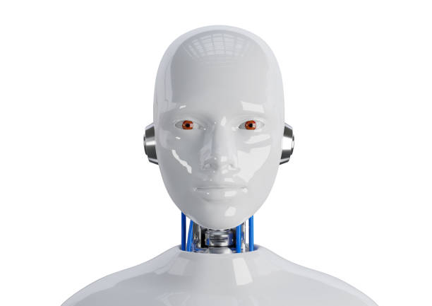 cyborg face humanoid woman covered with isolated reflective white synthetic surface. stock photo